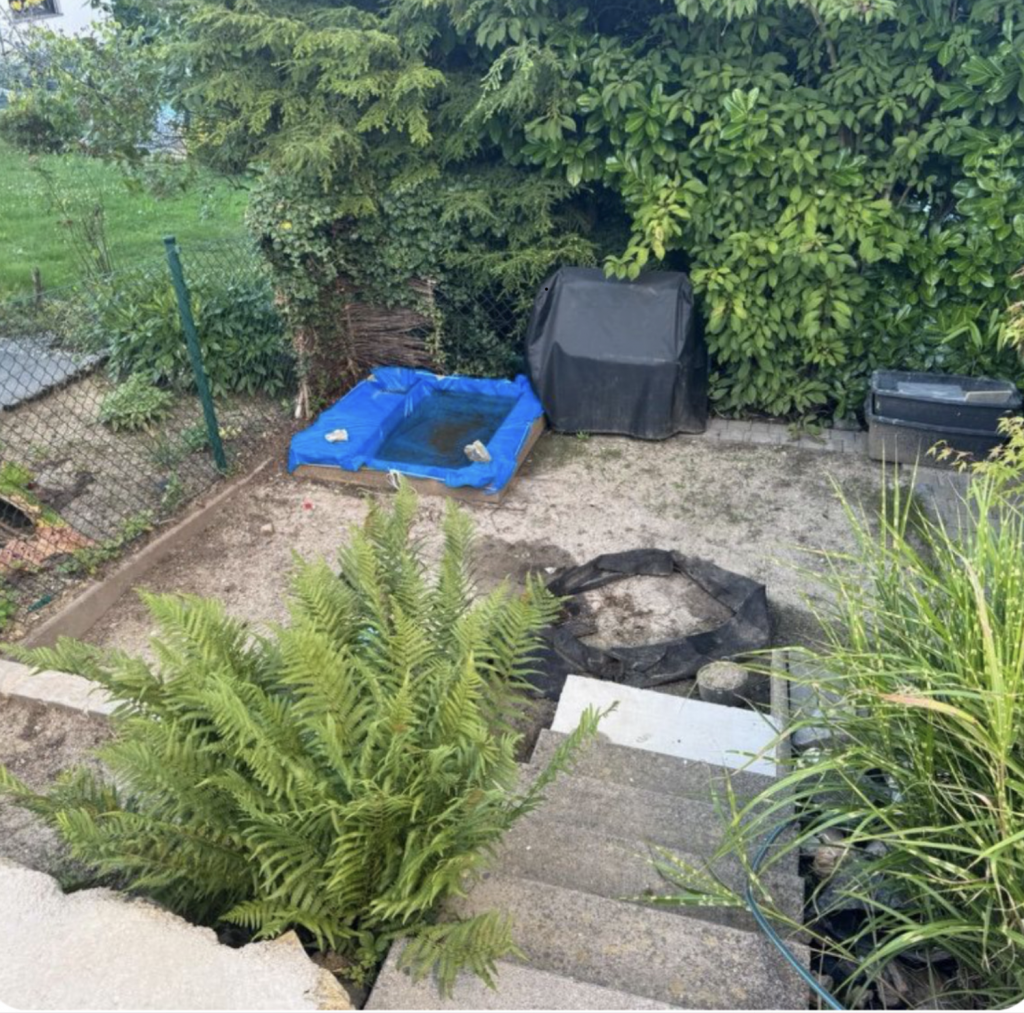 Bangkirai Holzterrasse im Garten Referenzprojekt Terrassenbau Raum Frankfurt vorher