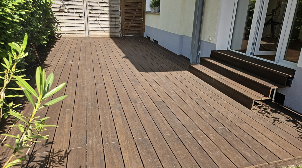Fertiggestellte Bambusterrasse mit integrierter Treppe in Frankfurt-Bornheim. Die vergrößerte Terrassenfläche aus langlebigen Bambusdielen erweitert den Wohnbereich harmonisch in den Garten